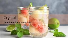  Presentation with melon - PPT layouts featuring glass jar with melon ball drink on table background and a coral colored foreground