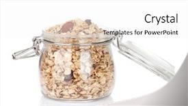  Presentation with muesli - Amazing PPT theme having glass jar with muesli isolated on white background backdrop and a white colored foreground
