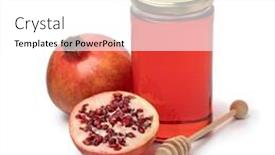  Presentation with pomegranate fruit - Presentation design consisting of glass-jar-with-pomegranate-honey background and a white colored foreground