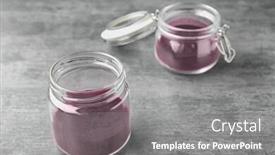  Presentation with acai - Theme having glass jars with acai powder on grey background background and a gray colored foreground