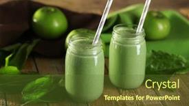  Presentation with milkshake - Presentation design with glass jars with delicious fruit milkshake apples and napkin on wooden background background and a tawny brown colored foreground