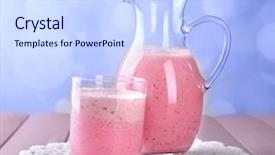  Presentation with taste - PPT theme enhanced with glass jug of milk cocktail with raspberry taste on wooden table on light background background and a sky blue colored foreground