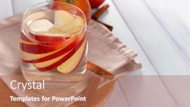  Presentation with cider - Presentation design consisting of glass of apple cider with fruits and cinnamon on table close up background and a coral colored foreground