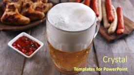  Presentation with grilled chicken - Audience pleasing PPT theme consisting of glass of beer chicken wings and grilled sausages on wooden table close up backdrop and a tawny brown colored foreground