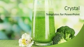  Presentation with green glass - Slide set featuring glass of broccoli juice on bamboo mat on green background background and a soft green colored foreground
