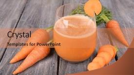  Presentation with juice - Beautiful presentation design featuring glass of carrot juice and fresh carrots on wooden background backdrop and a coral colored foreground
