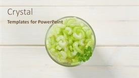  Presentation with celery - Audience pleasing slide set consisting of glass of chopped celery stems on white wooden background backdrop and a sky blue colored foreground