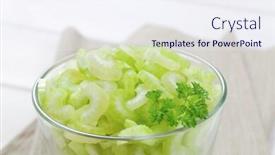  Presentation with celery - Slide set consisting of glass of chopped celery stems on beige place mat - close up background and a sky blue colored foreground