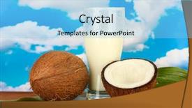  Presentation with milk coconut - Presentation consisting of glass of coconut milk and coconuts on sky background close-up background and a light blue colored foreground