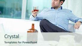  Presentation with 3d man sitting question mark - Beautiful presentation featuring glass of cognac and thinking backdrop and a  colored foreground