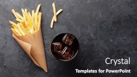  Presentation with food potato chips - Beautiful presentation design featuring glass-of-cola-drink backdrop and a dark gray colored foreground