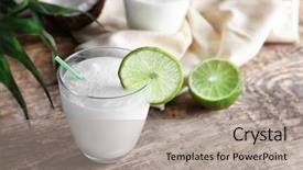  Presentation with milk coconut - Cool new slide deck with glass of fresh coconut milk backdrop and a light gray colored foreground