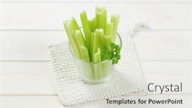  Presentation with celery - Colorful slides enhanced with glass of green celery stems on white table mat backdrop and a light gray colored foreground