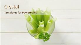  Presentation with celery - Audience pleasing presentation theme consisting of glass of green celery stems on white wooden background backdrop and a sky blue colored foreground