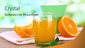  Presentation with orange juice - Cool new slide deck with glass of juice citrus press and ripe orange on brown wooden table backdrop and a cool aqua colored foreground