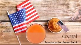  Presentation with muffin - Theme with glass of juice muffin and american flag on wooden table background and a coral colored foreground