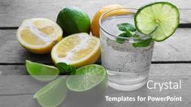  Presentation with soda - Cool new theme with glass of lemon soda with fresh mint on rustic wooden background backdrop and a gray colored foreground