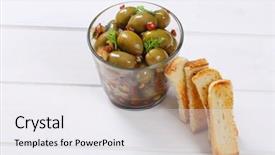  Presentation with green glass - Colorful slide deck enhanced with glass of marinated green olives with toasts on white wooden background backdrop and a sky blue colored foreground