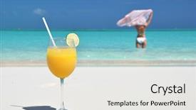  Presentation with bahamas - Beautiful PPT theme featuring glass of orange juice on the sandy beach of exuma bahamas backdrop and a white colored foreground