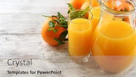  Presentation with color orange - Beautiful slide set featuring glass of orange juice and oranges on color wooden table background backdrop and a mint green colored foreground