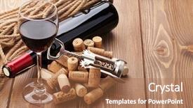  Presentation with corkscrew - Slide set with glass of red wine bottle and corkscrew on rustic wooden table with copy space background and a coral colored foreground