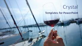  Presentation with yacht - PPT layouts with glass of red wine on the deck of the yacht background and a sky blue colored foreground