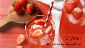  Presentation with fresh strawberry glass of berry - Colorful presentation theme enhanced with glass of refreshing strawberry drink on table backdrop and a red colored foreground