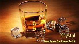  Presentation with scotch - Presentation theme consisting of glass of scotch whiskey and ice on wooden table background and a tawny brown colored foreground