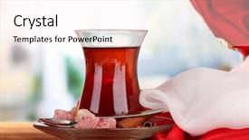  Presentation with turkish - Slides enhanced with glass of turkish tea and rahat lokum on wooden table background and a white colored foreground