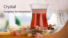  Presentation with turkish - PPT theme consisting of glass of turkish tea and rahat lokum on wooden table background and a lemonade colored foreground