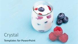  Presentation with blueberries - Audience pleasing presentation theme consisting of glass of yogurt with berries and blueberries on a turquoise wooden table backdrop and a sky blue colored foreground