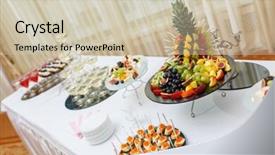  Presentation with tableware - PPT theme having glass pyramid - table with cold snacks background and a soft green colored foreground