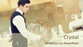  Presentation with restaurant waiter - Cool new presentation design with glass pyramid - waiter man serving banquet table backdrop and a soft green colored foreground