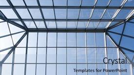  Presentation with trade - Colorful slides enhanced with blue hi tech hi architecture - glass roof of trade center backdrop and a light blue colored foreground