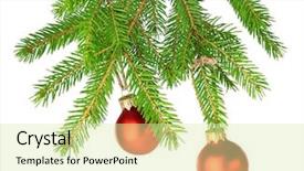  Presentation with fir tree - Beautiful PPT layouts featuring glass sphere plant - christmas balls hanging on fir backdrop and a soft green colored foreground
