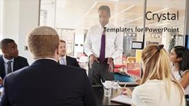  Presentation with black business - Beautiful theme featuring glass table - black male manager stands talking backdrop and a lemonade colored foreground