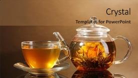  Presentation with green glass - Cool new presentation theme with glass teapot and cup with exotic green tea on wooden table on brown background backdrop and a coral colored foreground