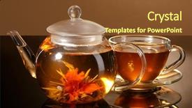  Presentation with green glass - Audience pleasing slides consisting of glass teapot and cup with exotic green tea on wooden table on brown background backdrop and a tawny brown colored foreground