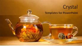  Presentation with green glass - Slides having glass teapot and cup with exotic green tea on wooden table on brown background background and a gold colored foreground