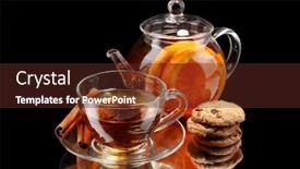  Presentation with black tea - Cool new PPT theme with glass teapot and cup with black fruit tea and cookies isolated on white backdrop and a tawny brown colored foreground