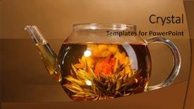  Presentation with green tea - Slide set with glass teapot with exotic green tea on wooden table on brown background background and a gold colored foreground