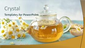  Presentation with chamomile - Presentation design enhanced with glass teapot with tasty chamomile tea on color wooden table background and a sky blue colored foreground