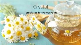  Presentation with chamomile - Presentation theme featuring glass teapot with tasty chamomile tea on color wooden table closeup background and a sky blue colored foreground