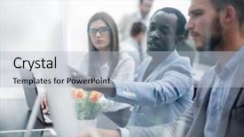  Presentation with new business ideas - Slide deck with team is discussing new idea background and a light blue colored foreground