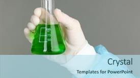  Presentation with medical hand - Cool new slide set with green chemistry - glass tube with fluid backdrop and a sky blue colored foreground