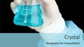  Presentation with fluid - Colorful presentation design enhanced with glass tube with fluid in scientist hand during medical test on black background backdrop and a arctic colored foreground