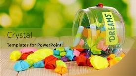  Presentation with dreams - Beautiful slide set featuring glass vase with paper stars with dreams on wooden table on natural background backdrop and a gold colored foreground