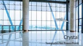  Presentation with exhibition - PPT theme enhanced with glass wall of interior space in a exhibition hall background and a light blue colored foreground