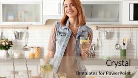  Presentation with feminine kitchen - Slide set consisting of glass water - beautiful young woman with lemonade background and a coral colored foreground