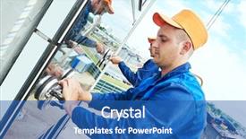  Presentation with worker - Slide deck featuring glass windows with glass suction background and a ocean colored foreground